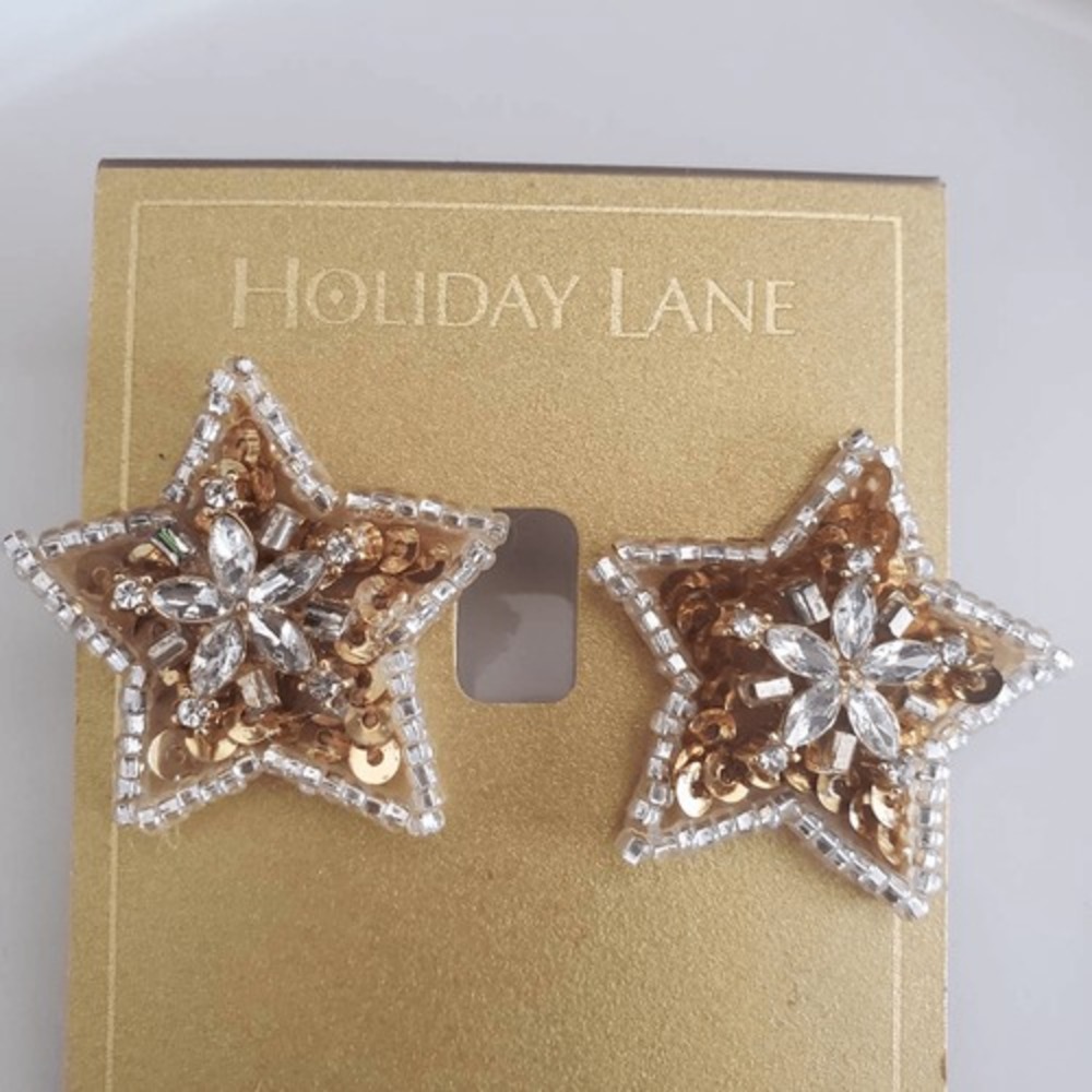 Holiday Lane Gold-Tone Gold Sequin‎ Embellished Star Button Earrings NWT